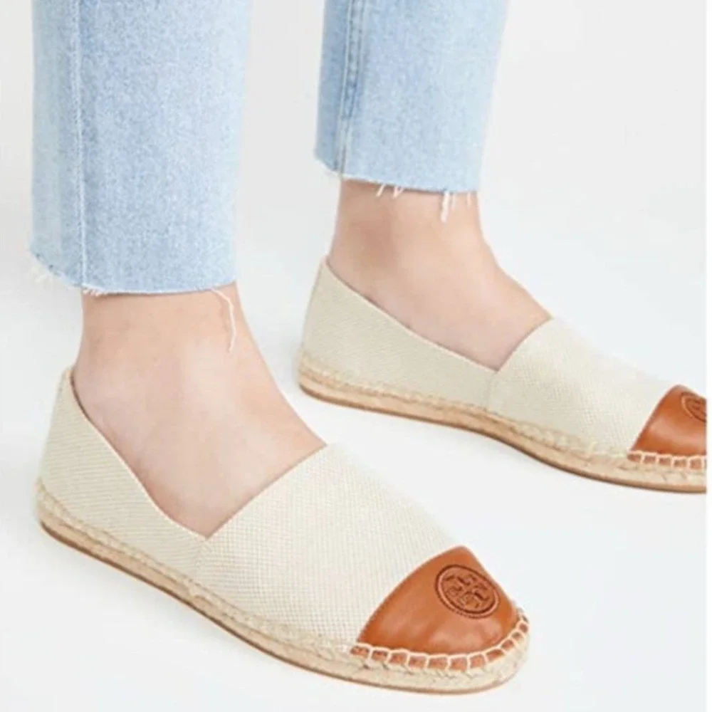 Tory Burch Canvas Leather Espadrilles Womens 6 Natural Ambra Excellent Logo Flat